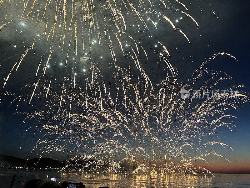 真正的彩色烟花与散景背景。极光庆典/新年庆典